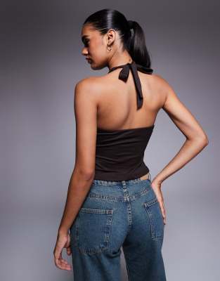 Princess Polly No Hard Feelings Slinky Twist Open Front Halterneck Top In Black