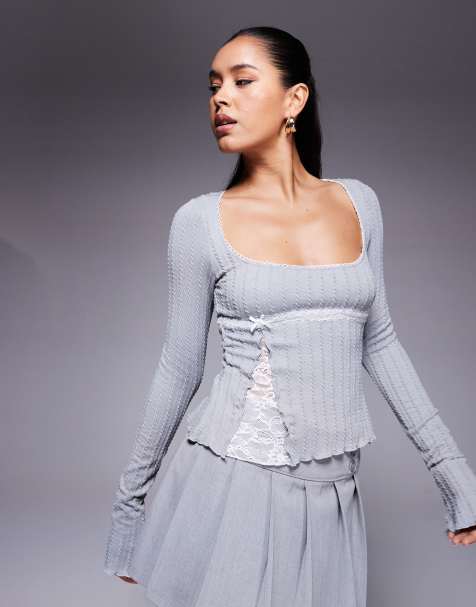 Princess Polly – Noir – Langärmliges Oberteil in Grau mit Spitzeneinsatz und eckigem Ausschnitt - view 1