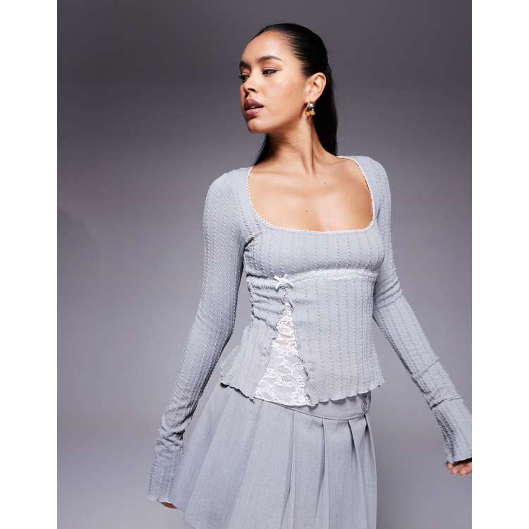 トップス LACE SQUARE HEART NECK SHORT SLEEVE GREY Women's Lace Trim T Shirts Y2K Ribbed Square Neck Short