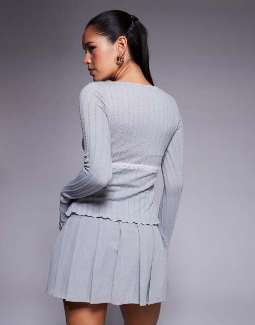 Princess Polly square neck lace insert long sleeve top in gray