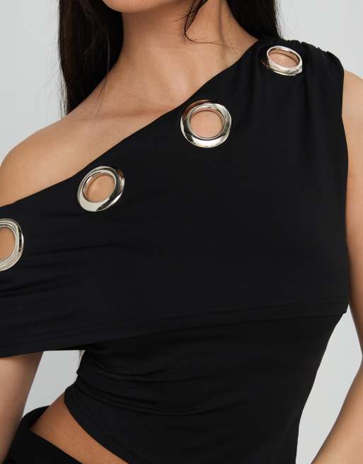 Princess Polly Noteworthy eyelet detail asymmetric off shoulder fold over top in black, 3 of 4