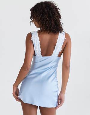 Princess Polly Nourish satin lace trim tie front mini dress in baby blue