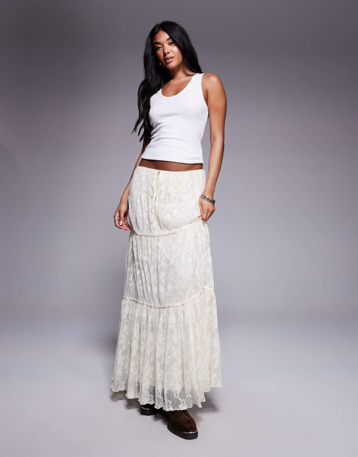 Princess Polly Oh Plisse floral lace tiered maxi skirt in off white