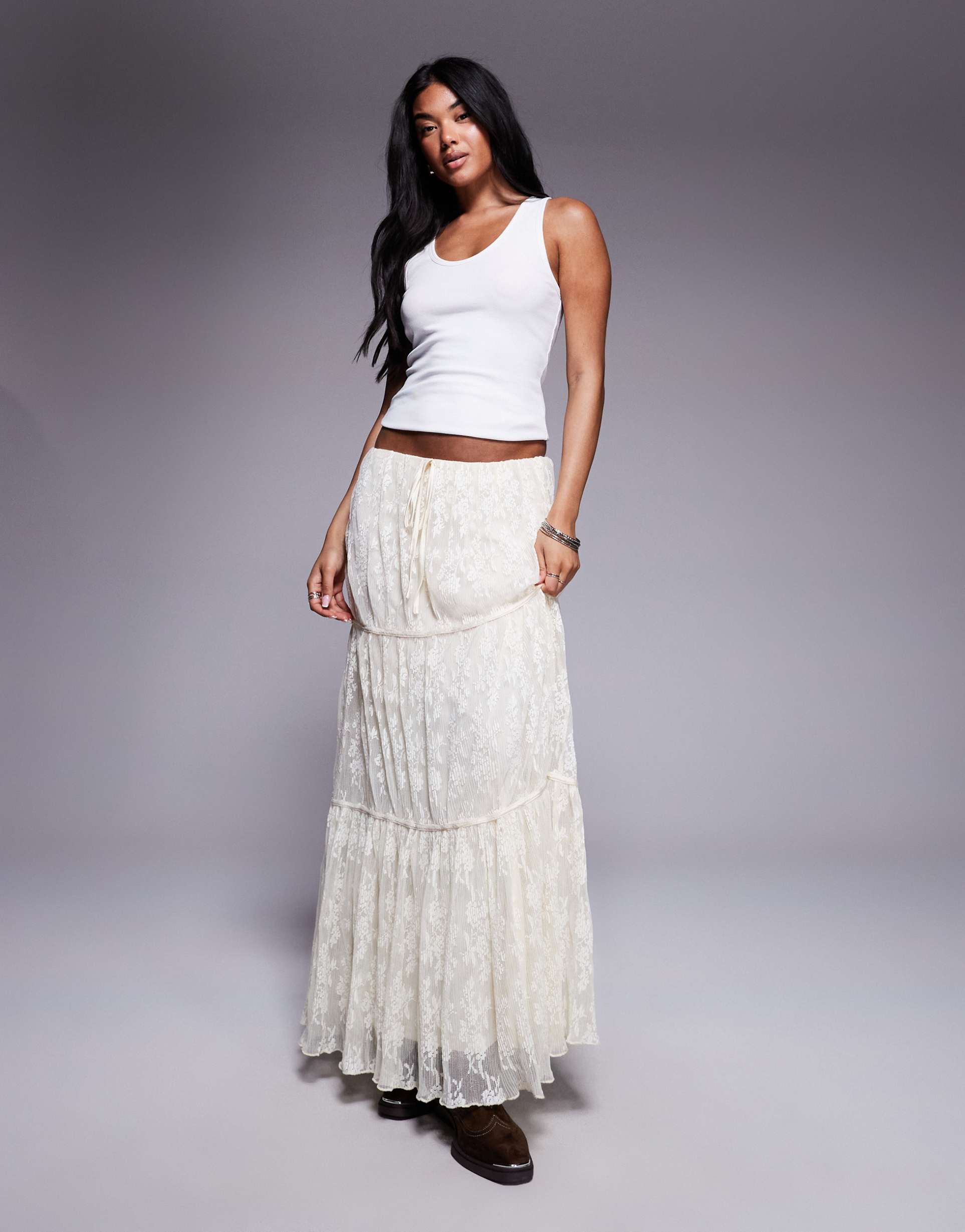 princess polly oh plisse floral lace tiered maxi skirt in off white