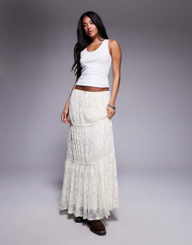 Princess Polly Oh Plisse floral lace tiered maxi skirt in off