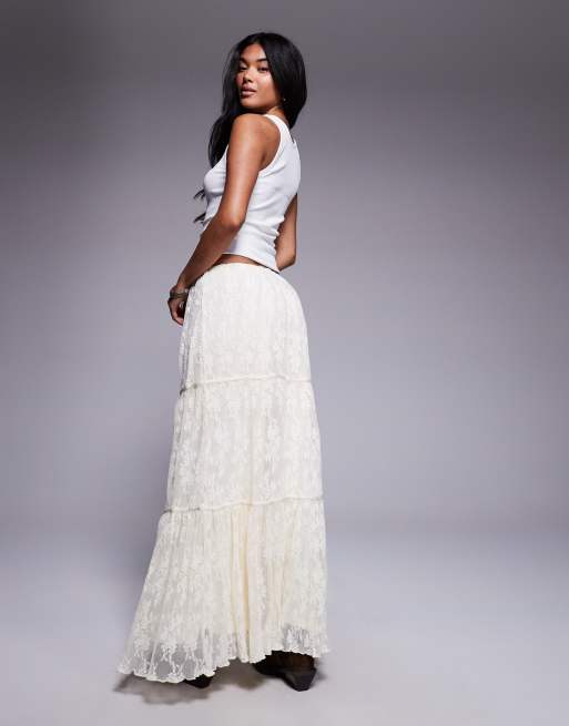 Princess Polly Oh Plisse floral lace tiered maxi skirt in off white