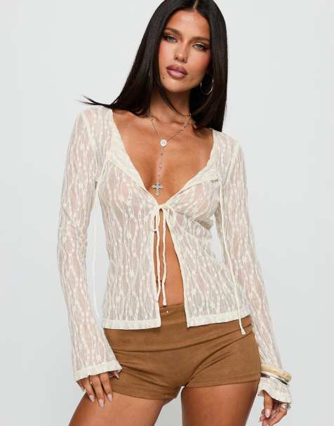Princess Polly Open Your Heart floral lace sheer tie detail split front long sleeve top in cream - view 1