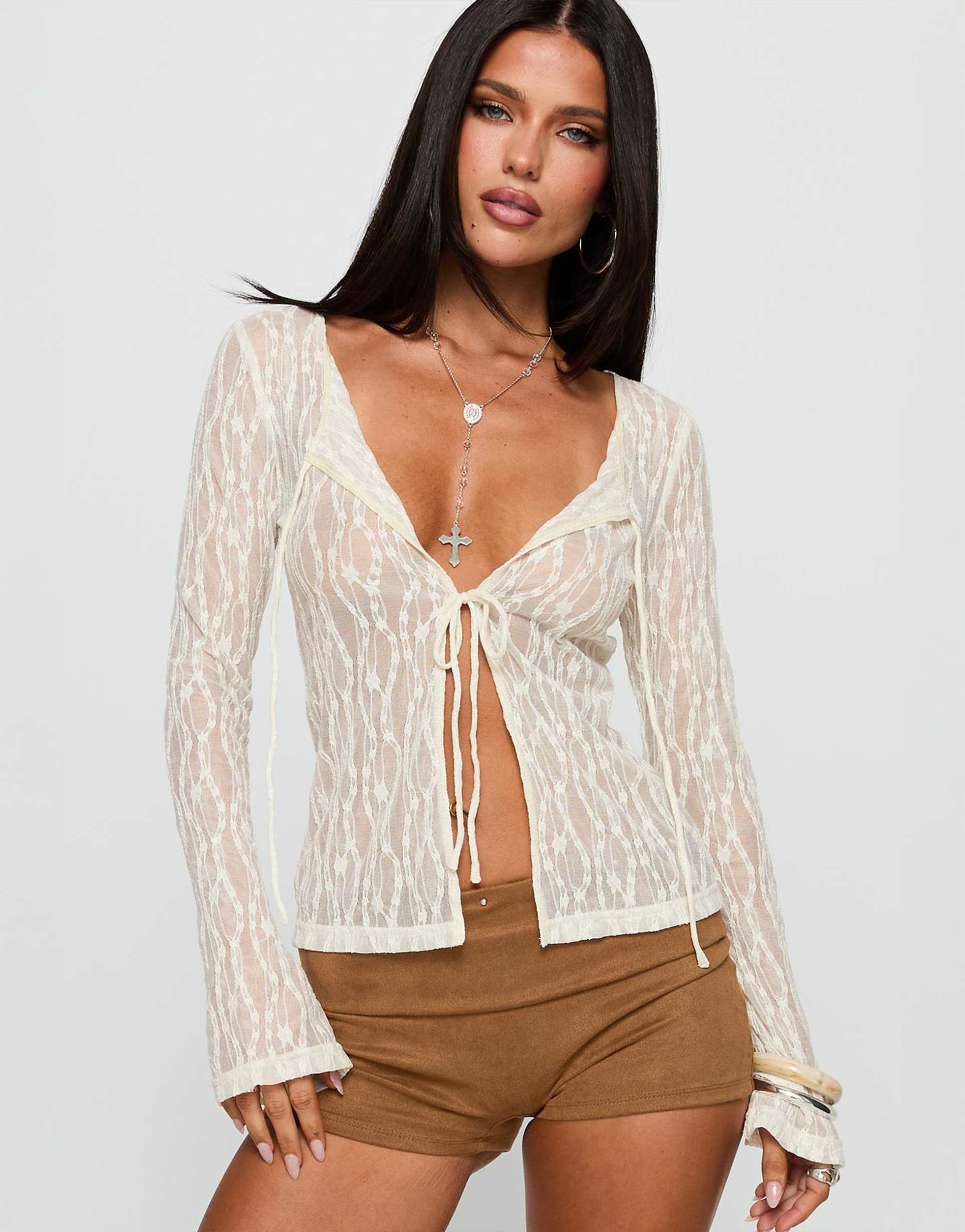 princess polly open your heart floral lace sheer tie detail split front long sleeve top in cream