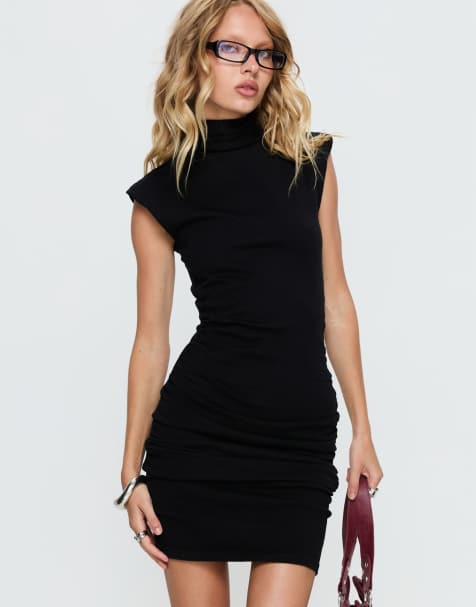 Princess Polly Ortensia high neck shoulder pad ruched detail mini dress in black
