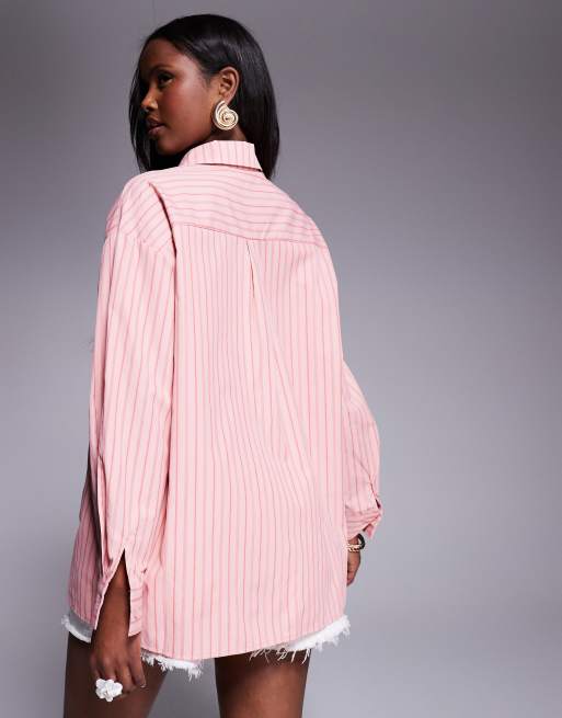 Princess Polly oversized split sleeve detail cotton shirt in pink stripe, 3 of 4