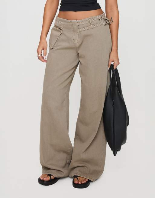 Princess Polly - Paltrow - Jean cargo ample à taille mi-haute et détail boucles - Taupe, 3 de 4