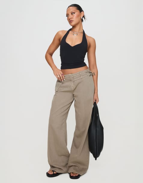Princess Polly Paltrow mid waist cargo style buckle detail wide leg jeans in stone