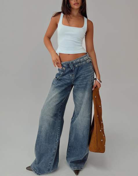 Princess Polly Paltrow mid rise eyelet belt waist detail wide leg jeans in mid blue - view 1