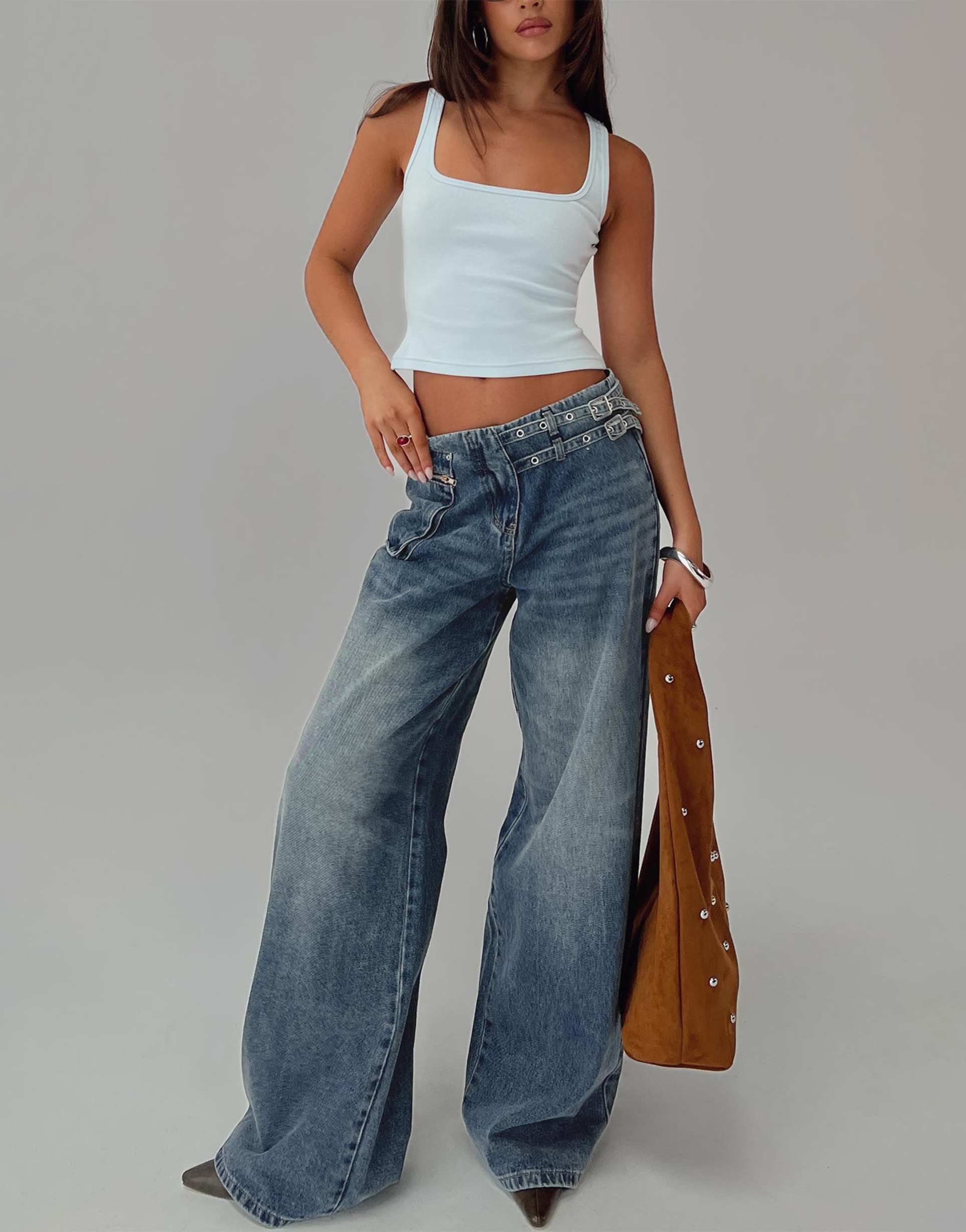 princess polly paltrow mid rise eyelet belt waist detail wide leg jeans in mid blue