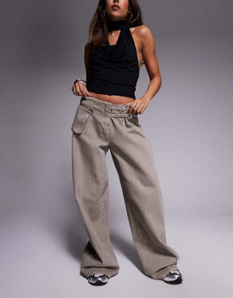 Princess Polly Paltrow mid waist cargo style buckle detail wide leg jeans in stone - view 1