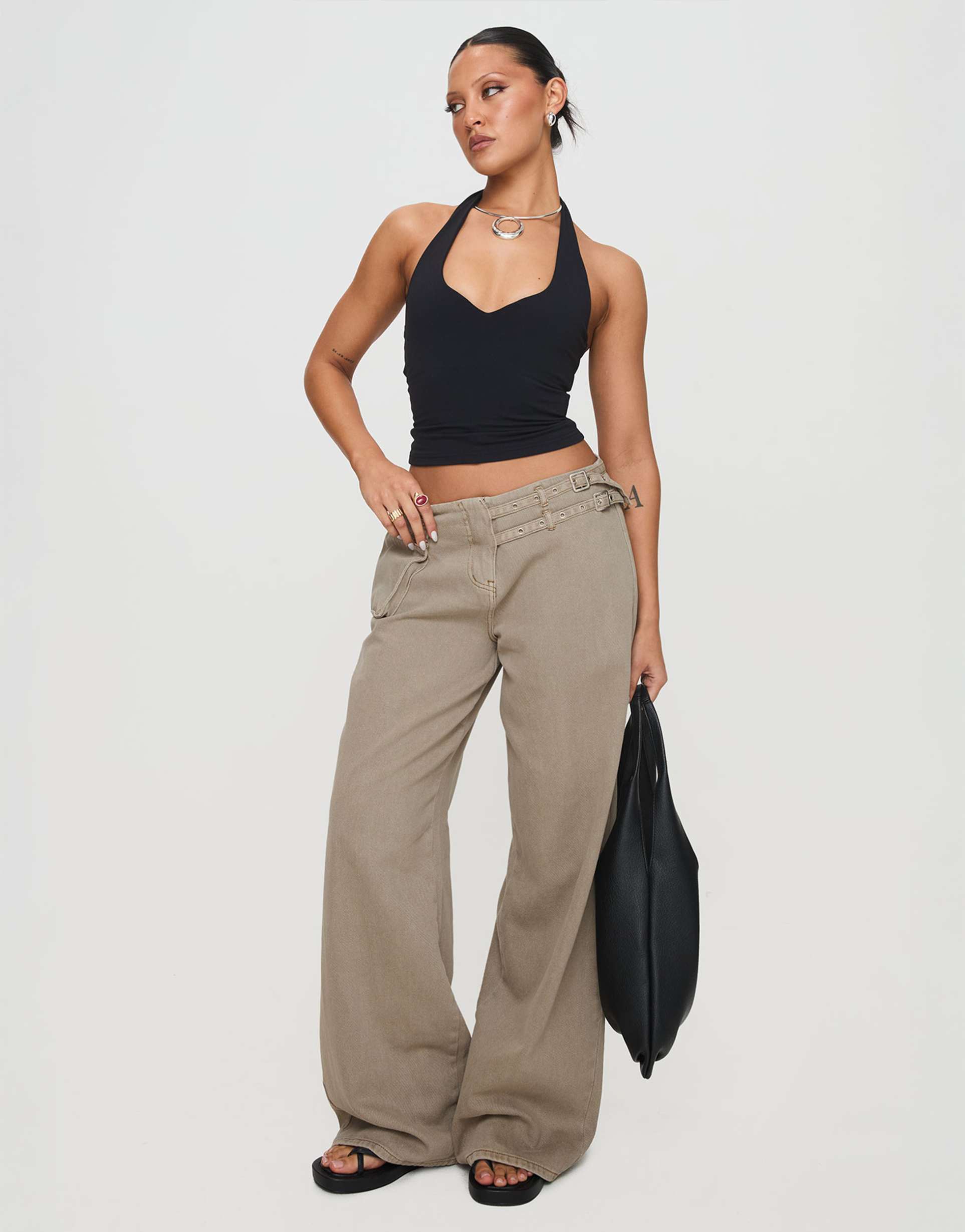 princess polly paltrow mid waist cargo style buckle detail wide leg jeans in stone