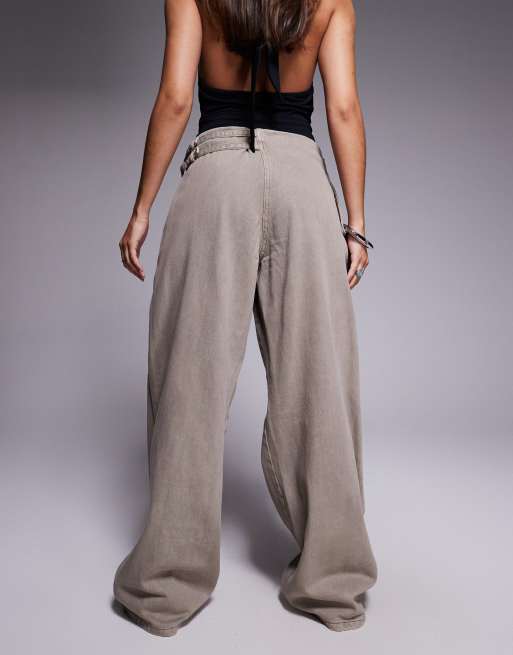 Princess Polly Paltrow mid waist cargo style buckle detail wide leg jeans in stone