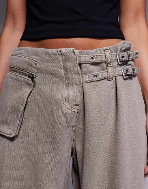 Princess Polly Paltrow mid waist cargo style buckle detail wide leg jeans in stone