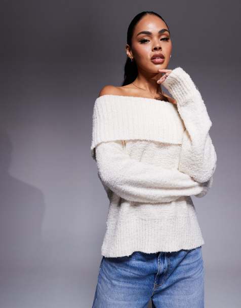 Princess Polly Parkley boucle deep bardot jumper in cream - view 1
