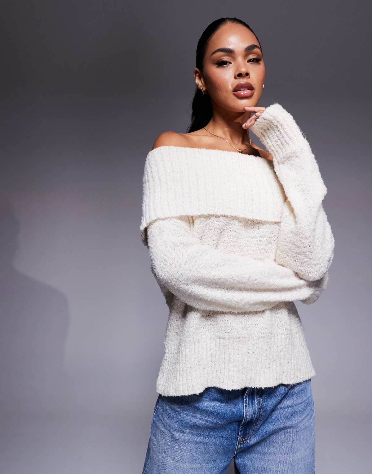 Princess Polly Parkley boucle deep bardot jumper in cream