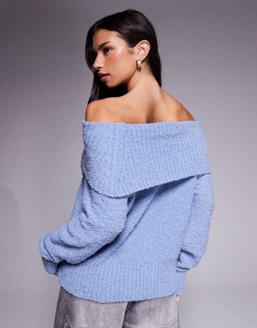 Princess Polly - Parkley - Maglione in bouclé blu con spalle scoperte, 3 di 4