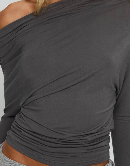 Princess Polly Party Hour off shoulder ruched drape detail batwing top in charcoal, 2 of 4