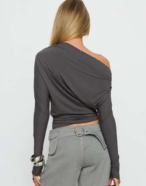 Princess Polly Party Hour off shoulder ruched drape detail batwing top in charcoal, 3 of 4