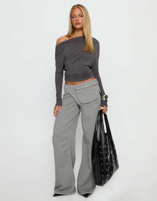 Princess Polly Party Hour off shoulder ruched drape detail batwing top in charcoal, 4 of 4
