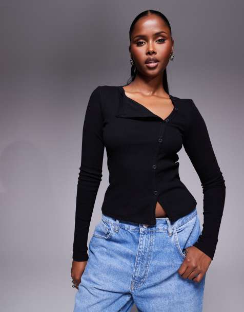 Princess Polly Passoni ribbed asymmetric snap detail long sleeve top in black - view 1