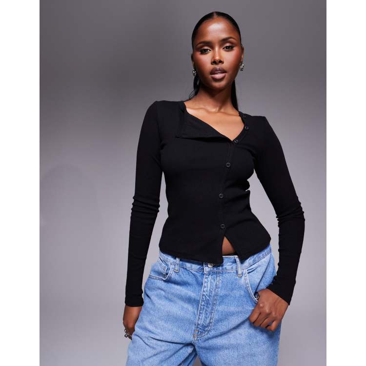 Princess Polly Passoni ribbed asymmetric snap detail long sleeve