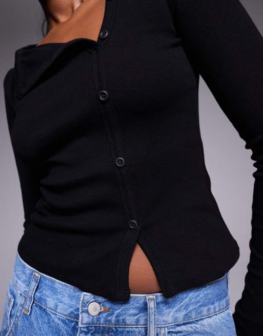 Princess Polly Passoni ribbed asymmetric snap detail long sleeve