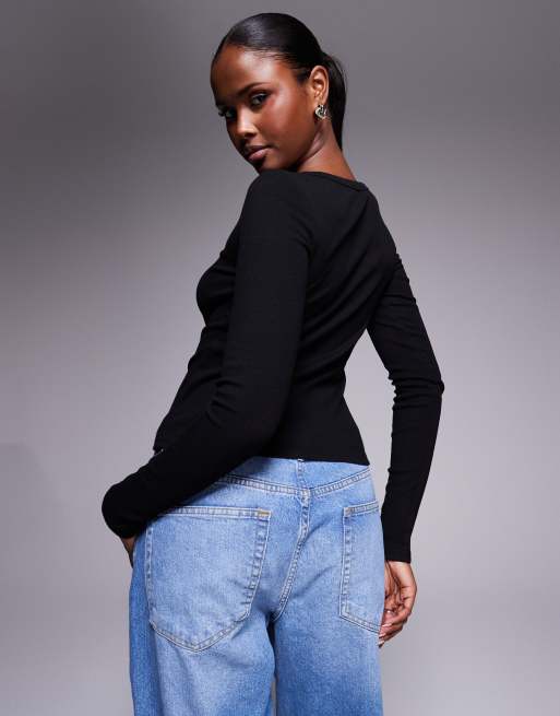 Princess Polly Passoni ribbed asymmetric snap detail long sleeve