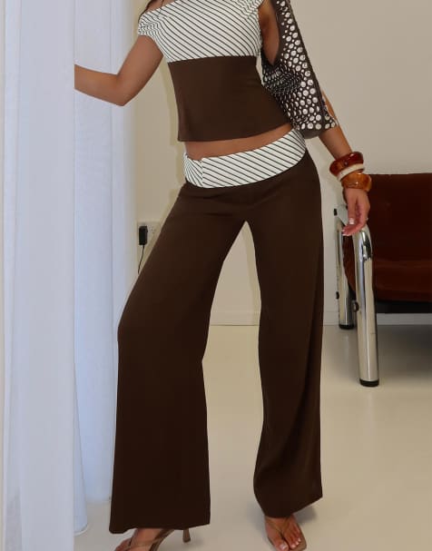 Princess Polly Past Life stripe fold over wide leg trousers co-ord in chocolate