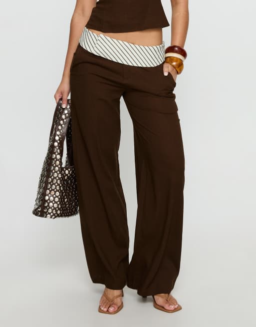 Princess Polly Past Life stripe fold over wide leg trousers co-ord in chocolate, 2 of 4