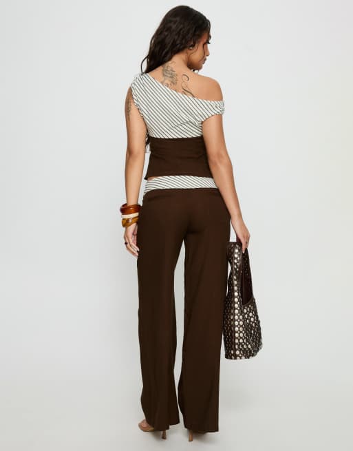 Princess Polly Past Life stripe fold over wide leg trousers co-ord in chocolate, 3 of 4