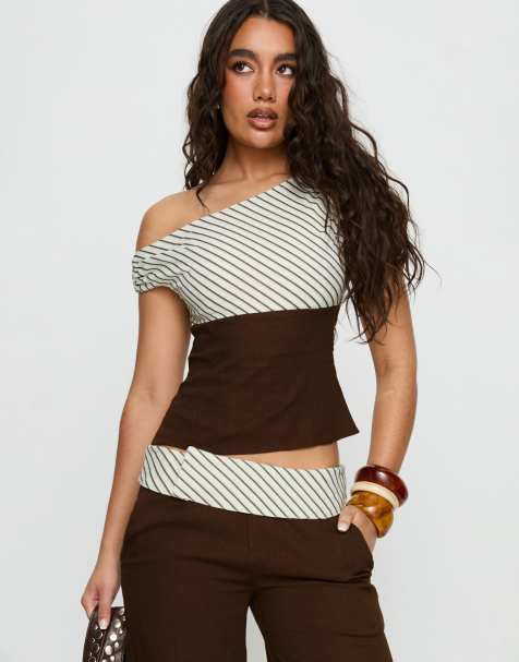 Princess Polly Past Line asymmetric shoulder contrast stripe top and pants set in chocolate & cream - view 1