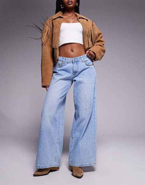 Princess Polly Pearlisle low rise stud detail baggy wide leg jeans in light blue wash
