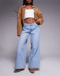 [Princess Polly] Princess Polly Pearlisle low rise stud detail baggy wide leg jeans in light blue wash 4 Light blue wash