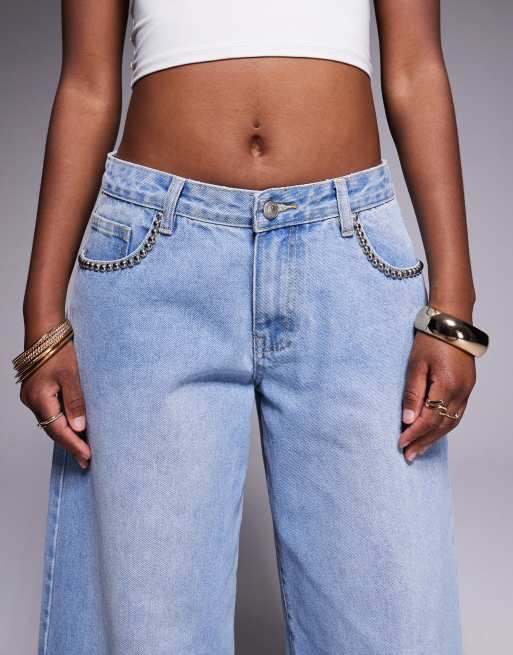 Princess Polly Pearlisle low rise stud detail baggy wide leg jeans in light blue wash