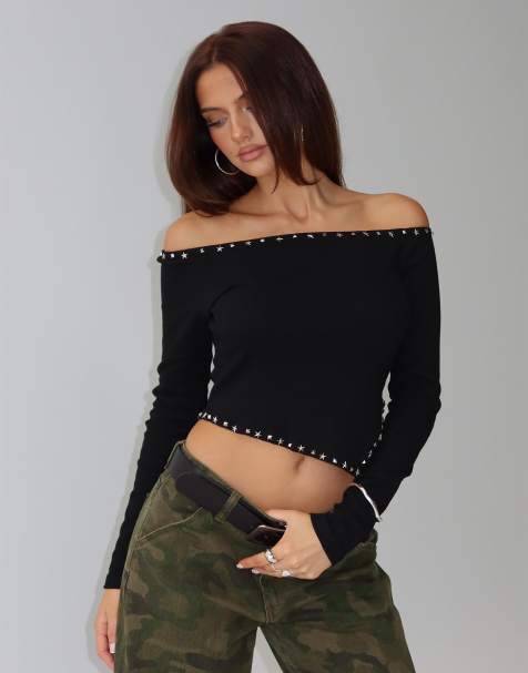 Princess Polly Perfect Cadence off shoulder star stud detail asymmetric hem long sleeve top in black - view 1