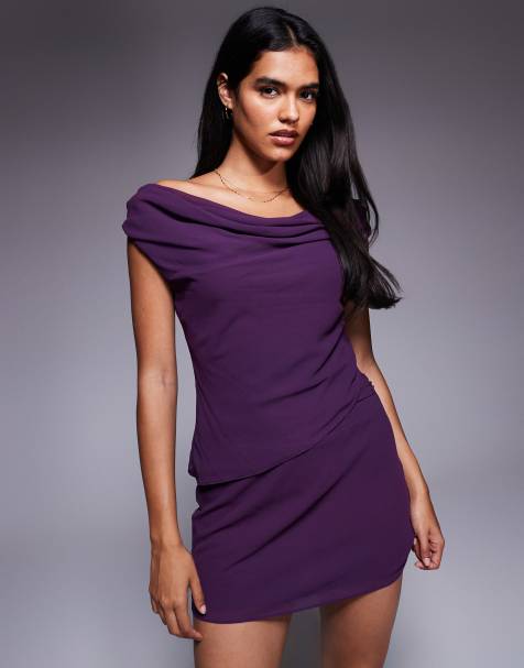Princess Polly Perfect Illusion chiffon drape neck off shoulder top and mini skirt full set in purple - view 1