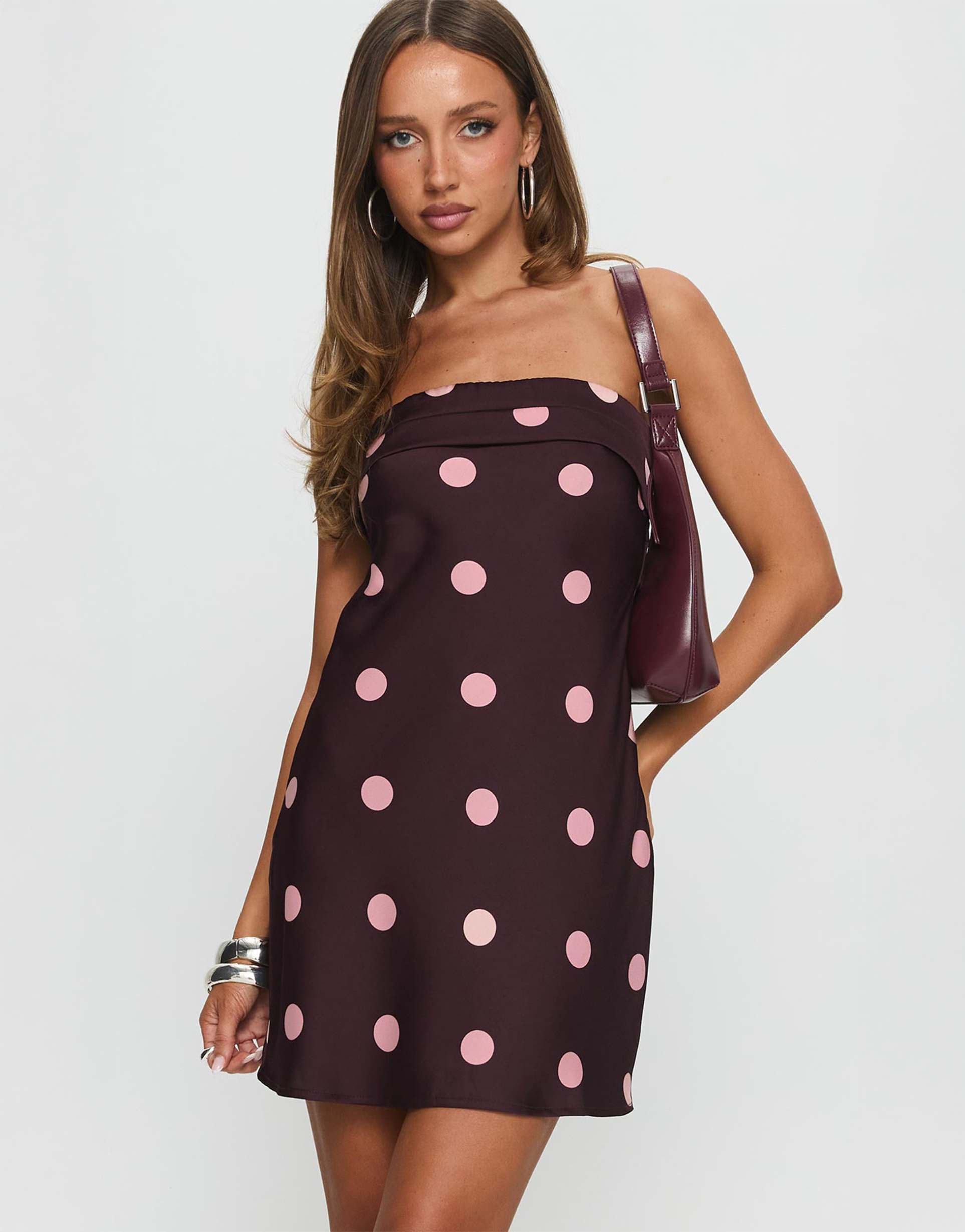 princess polly phillipa satin feel contrast fold over bust detail mini dress in burgundy polka