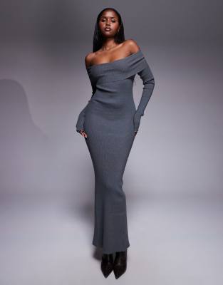 Princess Polly - Phylis - Robe longue fendue derrière en maille côtelée avec encolure bardot rabattue - Anthracite-Gris