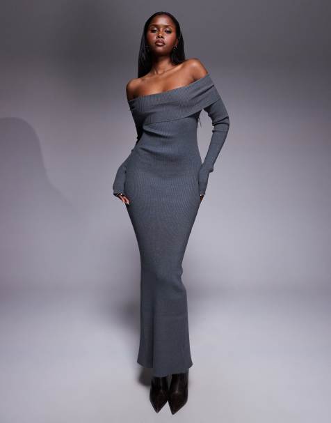 Princess Polly - Phylis - Robe longue fendue derrière en maille côtelée avec encolure bardot rabattue - Anthracite - view 1