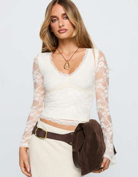 Princess Polly Pitter lace sheer sleeve v neck scallop trim top in cream - view 1