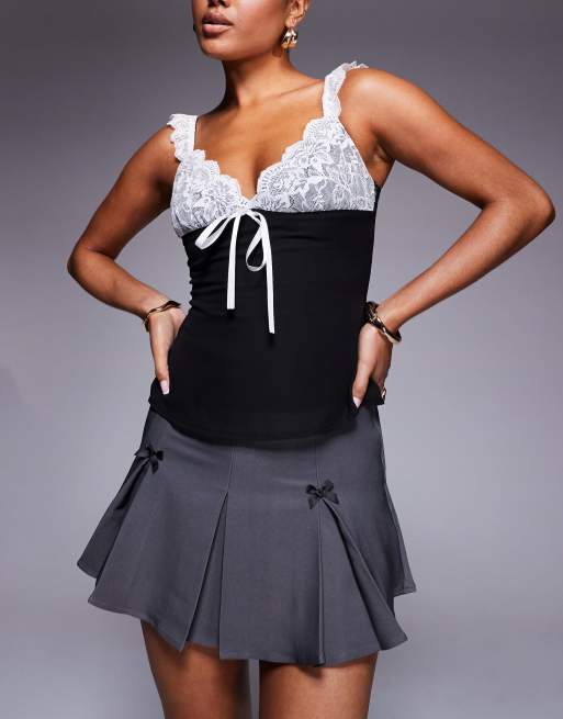 Princess Polly pleated bow detail mini skirt in grey, 2 of 5
