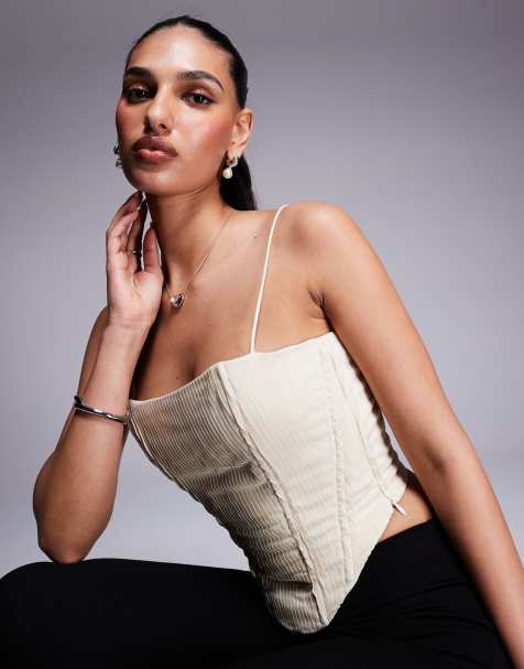 Princess Polly pleated lace up back detail corset top in cream - view 1