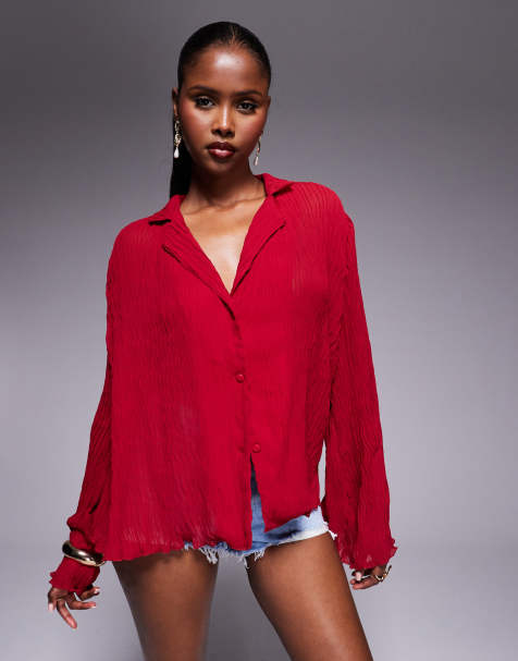 Princess Polly plisse lettuce edge flared sleeves shirt in burgundy - view 1