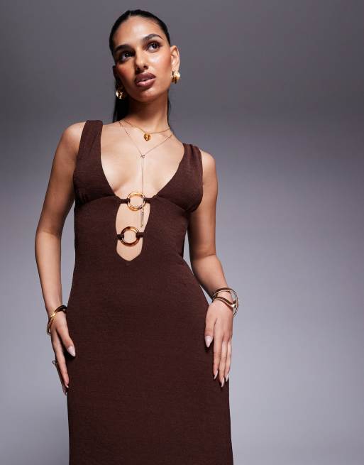 Princess Polly plunge neck ring detail maxi dress in chocolate | ASOS
