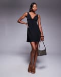 [Princess Polly] Princess Polly plunge tie front satin mini dress in black 6 BLACK